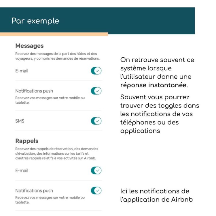 toggle switch vs checkbox Exemple des notifications d'airbnb