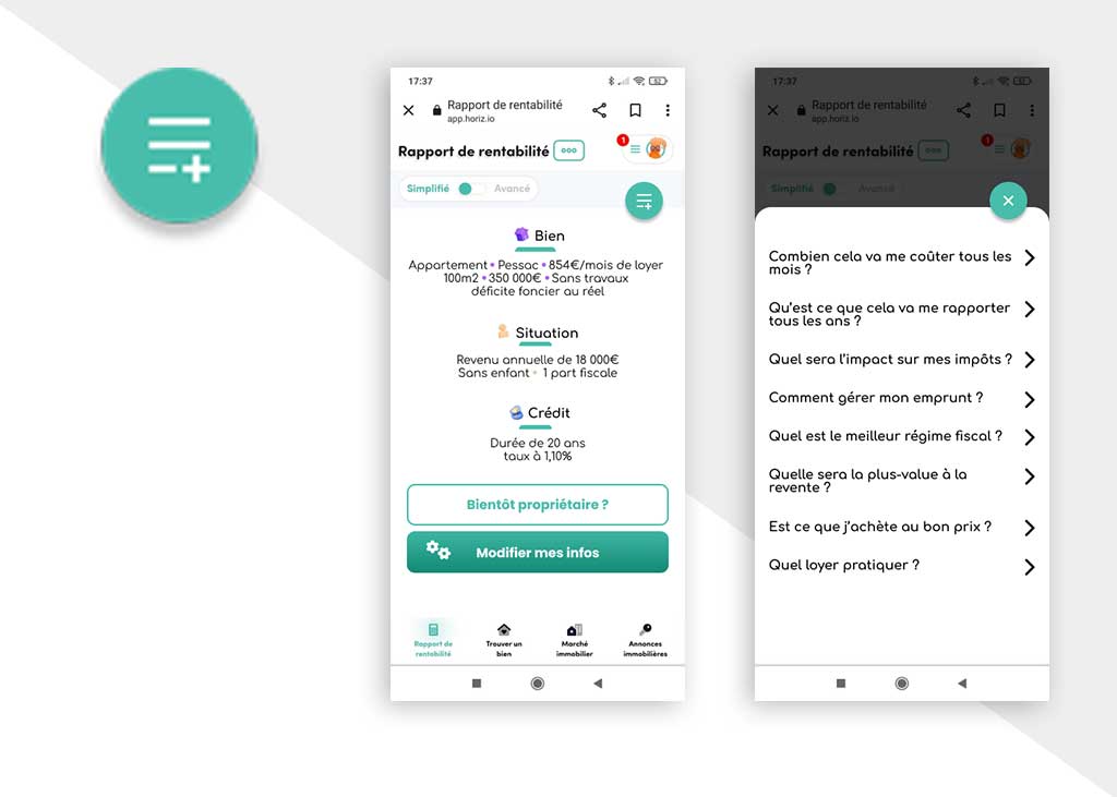 menu flottant Wireframe du parcours de recherche